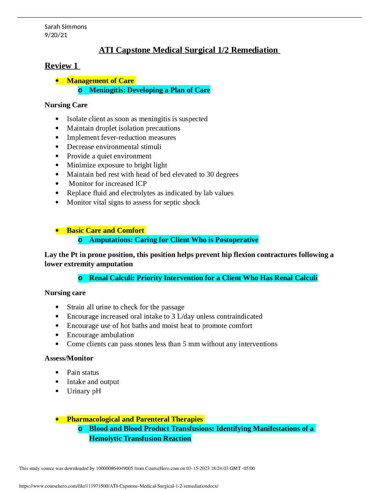 ATI Capstone Medical Surgical 1 remediation Browsegrades